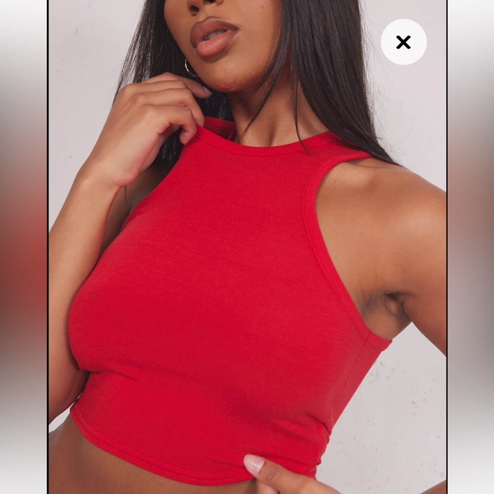 Red Basic Jersey Racerback Crop Top - RED - Picture 2 of 8